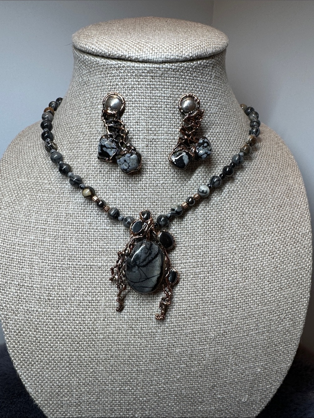 Gray Beaded Necklace and Earrings Set with Brass Wire-Wrapped Pendant